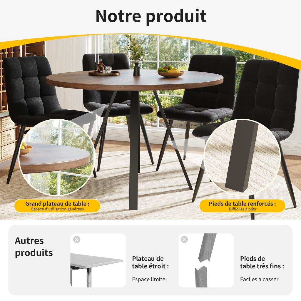 Runder Esstisch (80×80×75cm), Kaffeetisch für 4 Personen, geeignet für Esszimmer, Wohnzimmer, Metalltischbeine, Schreibtisch in Walnussfarbe und schwarze Beine