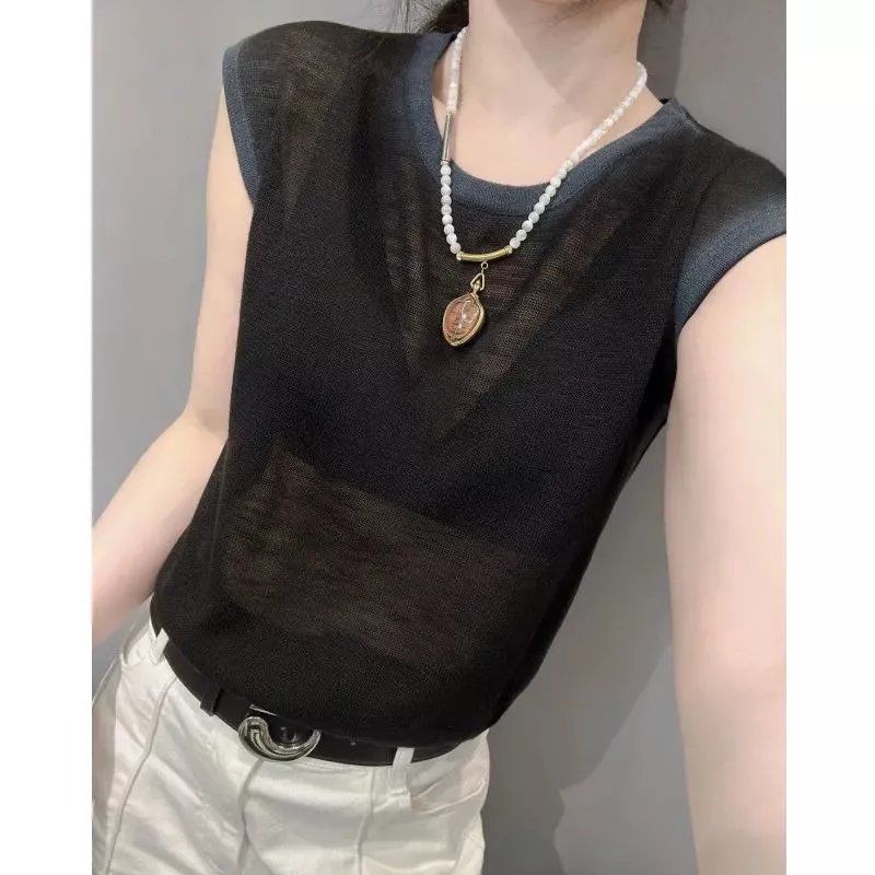 Verano Sexy Transparente Seda de Hielo Tejido Manga Corta Mujer Holgado Bloque de Color Jersey Top
