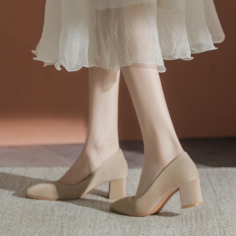178-1 Escarpins nude pour femmes printemps et automne nouveau tempérament sans pieds qui grincent Talons épais avec jupes Chaussures simples en cuir souple