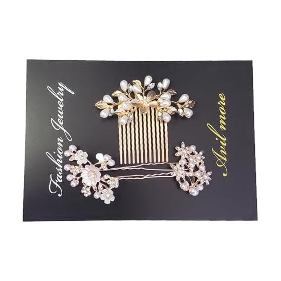 Hair Accessories Pearl Pins Kanzashi 3-Piece Set Gold Luxurious Pearl Design Elegant High-Quality Handmade Alloy Faux Pearl Rhinestone