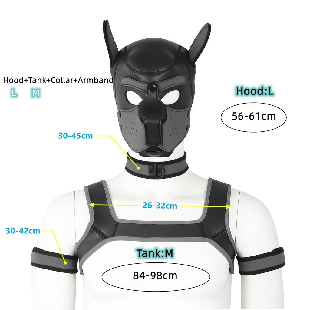 XL Large Size Cucciolo Cosplay Neoprene Fetish Hood Maschera Kit con fascia toracica Collare Fascia da braccio Costumi sessuali per BDSM Ruolo schiavo