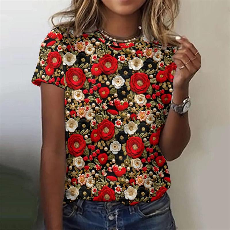 Camiseta feminina com estampa de flores e folhas em 3D, manga curta, estampa de plantas, gola redonda, casual, verão, camisetas femininas, camisetas grandes