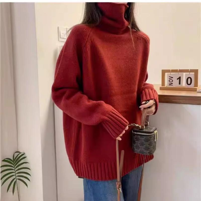Solid Red Fluffy Knitwear: Women's High Neck Long Sleeve Sweater for Autumn and Winter