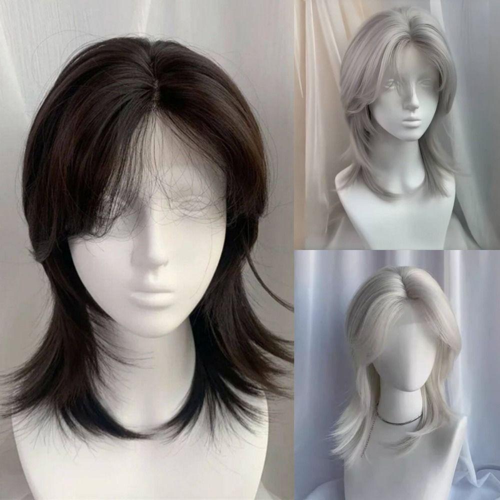 Short Straight Mullet Head Wigs with Bangs Wolf Tail Anime Men Wigs Halloween