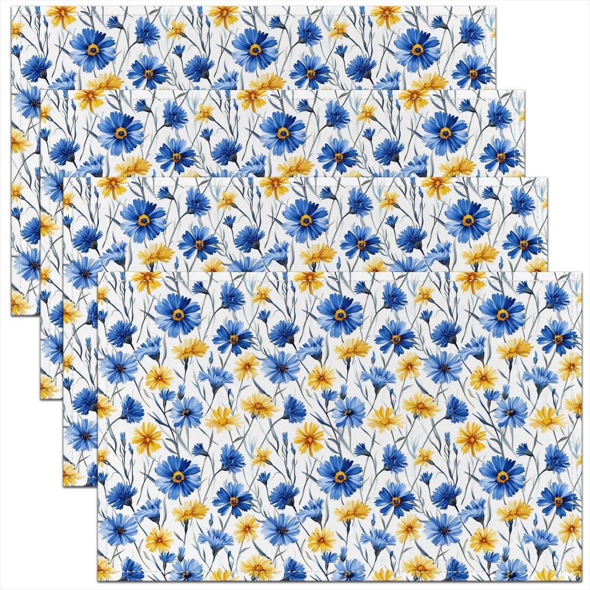 4/6/8pc Modern Aesthetic Floral Placemats Linen Hand Drawn Garden Botanical Table Mats Washable for Indoor Outdoor Family 4pcs