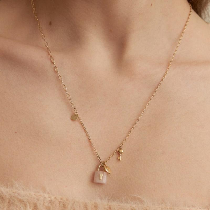 TATIANA Rose quartz Lock Heart Long Necklace_NZ1137