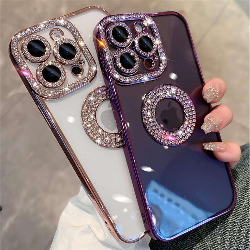 For iPhone 16 Pro Max Luxury Glitter Rhinestone Plating Frame Phone Case For iPhone 11 12 13 14 15 16 Plus Diamond Lens Cover