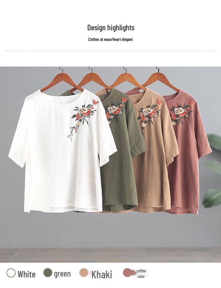 Women's Retro Korean Style Plus Size Embroidered Cotton Linen T-Shirt