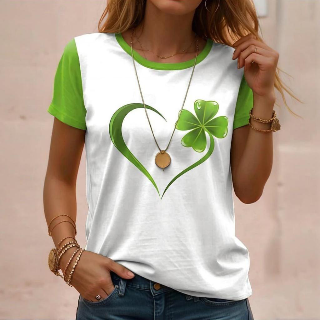 Women's T-shirt Summer Outdoor Casual Round Neck Tops Short Sleeve Leaf Printed Patterns Large Size Loose Women's Y2K Streetwear