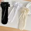 Japanese Style Ruffle Lace Trim Over the Calf Socks for Women Cute Ribbon Bowknot Hollowed Out Heart Fishnet Stockings
