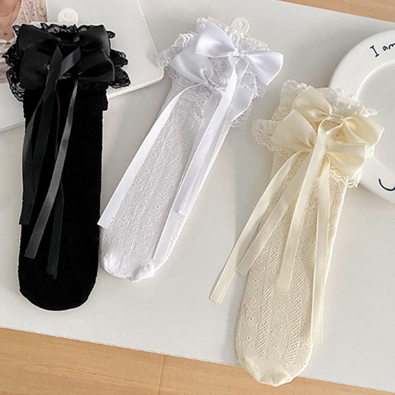 Japanese Style Ruffle Lace Trim Over the Calf Socks for Women Cute Ribbon Bowknot Hollowed Out Heart Fishnet Stockings