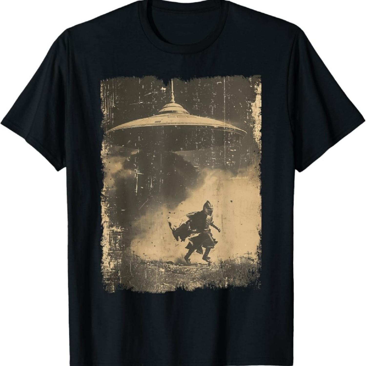 

Забавная футболка с вторжением средневекового рыцаря инопланетянином, в стиле ретро научной фантастики XXXXXL чёрный