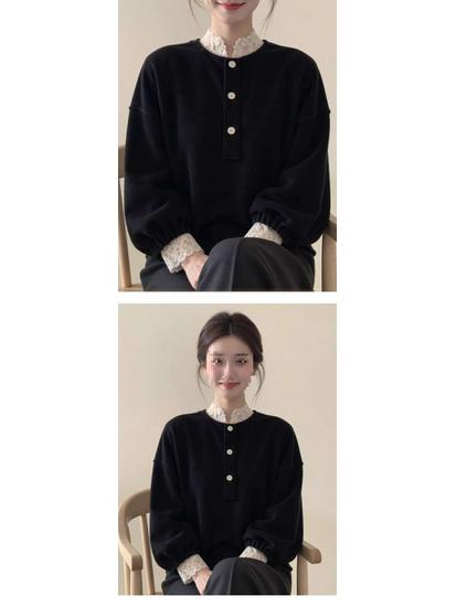 Elegant Black Velvet Lace Trim Women's Top - Chinese Style, Slimming & Versatile for Autumn/Winter 2026.