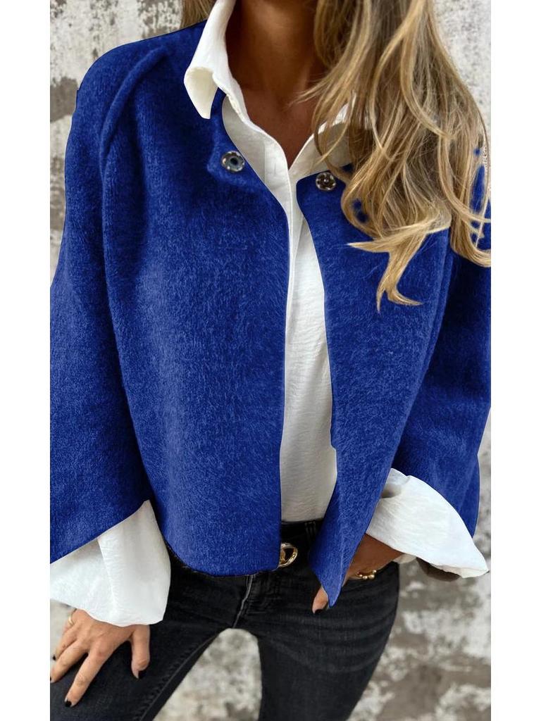 Dámský vlněný kabát z umělého kašmíru - Podzim/Zima, Volný krátký střih, Dlouhé rukávy