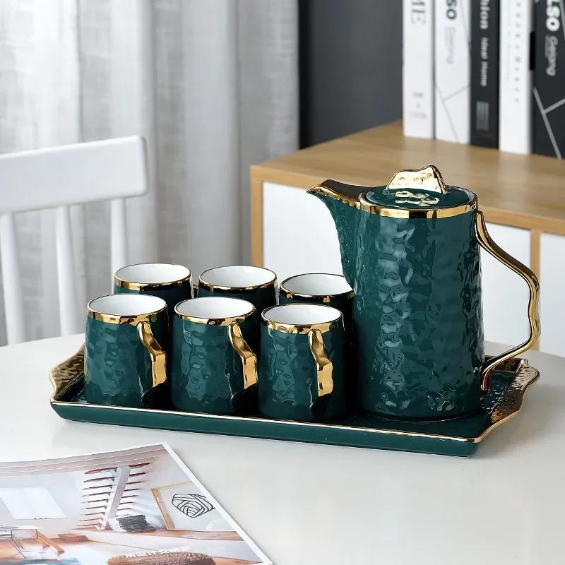 Coffee Set Porcelain Green 1Pot 6Cups 1Tray Phnom Tea Set Handle Ceramic Coffee Teapot Mug Coffeeware Wedding Gift Drinkware