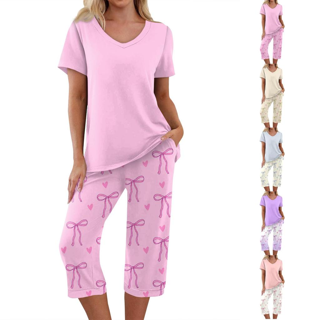 Women's Printed Two Piece Short Sleeve Pajama Set with Pants for Casual Sleepwear