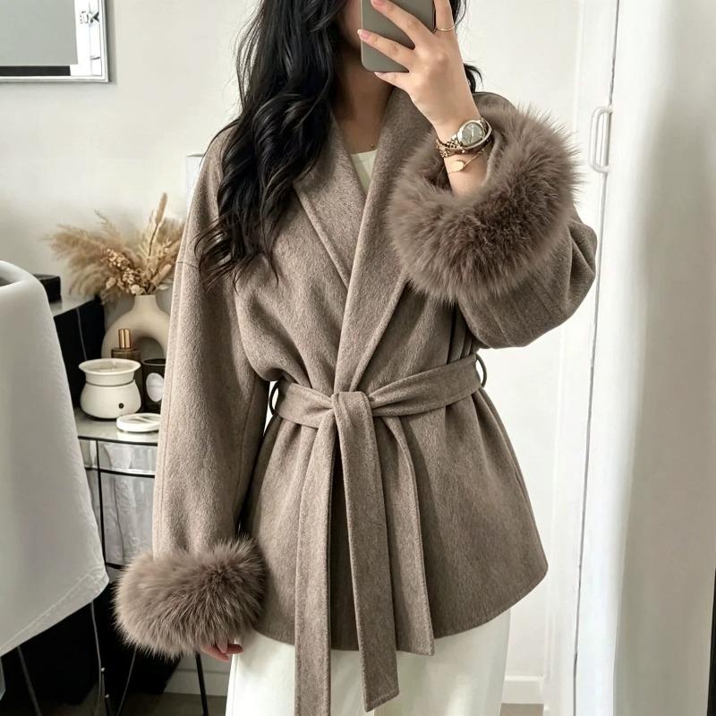 Winter Fox Fur Cuff Splicing Lace-up Short Woolen Jacket Femininity Commuter Coat