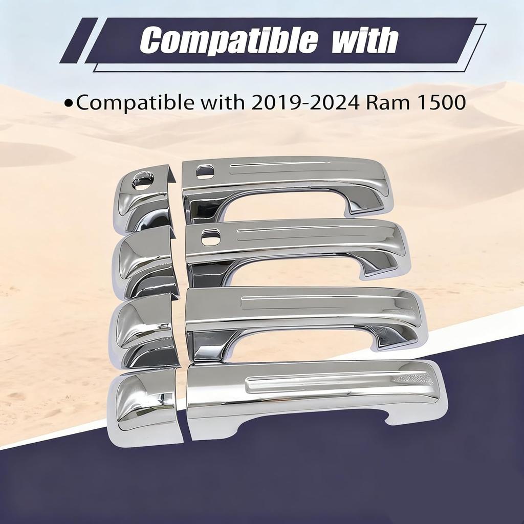 4 Pcs Chrome Door Handle Covers With 2 Front Smart Keyholes Cutout Compatible with 2019-2024 Ram 1500 4DR Model