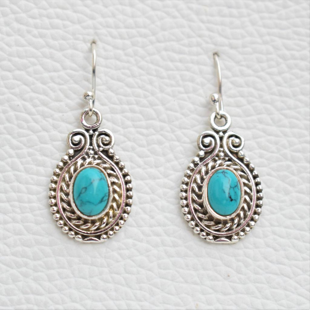 Natural Turquoise Earrings, Bohemian Earrings, 925 Sterling Silver Earrings, Oval Turquoise Earrings, Gift for Sister, Birthday Earrings