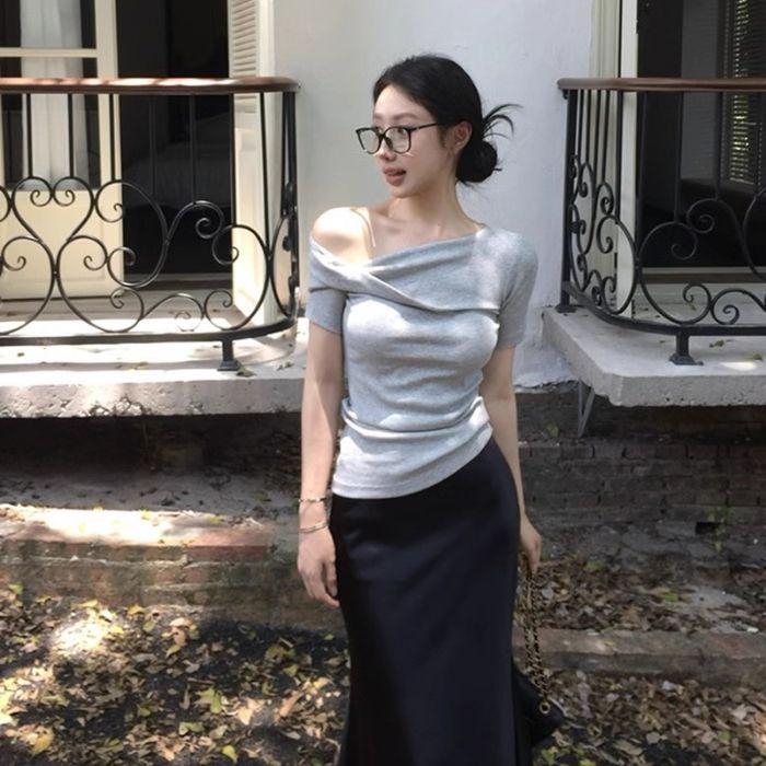 

Women s Summer Modal One-Shoulder Slim Fit Korean Style T-Shirt S серый