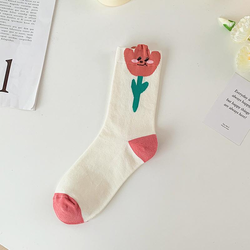 Female Spring and Autumn Lovely Cartoon Stereo Flower Tulip Academy Wind Tube Socks
