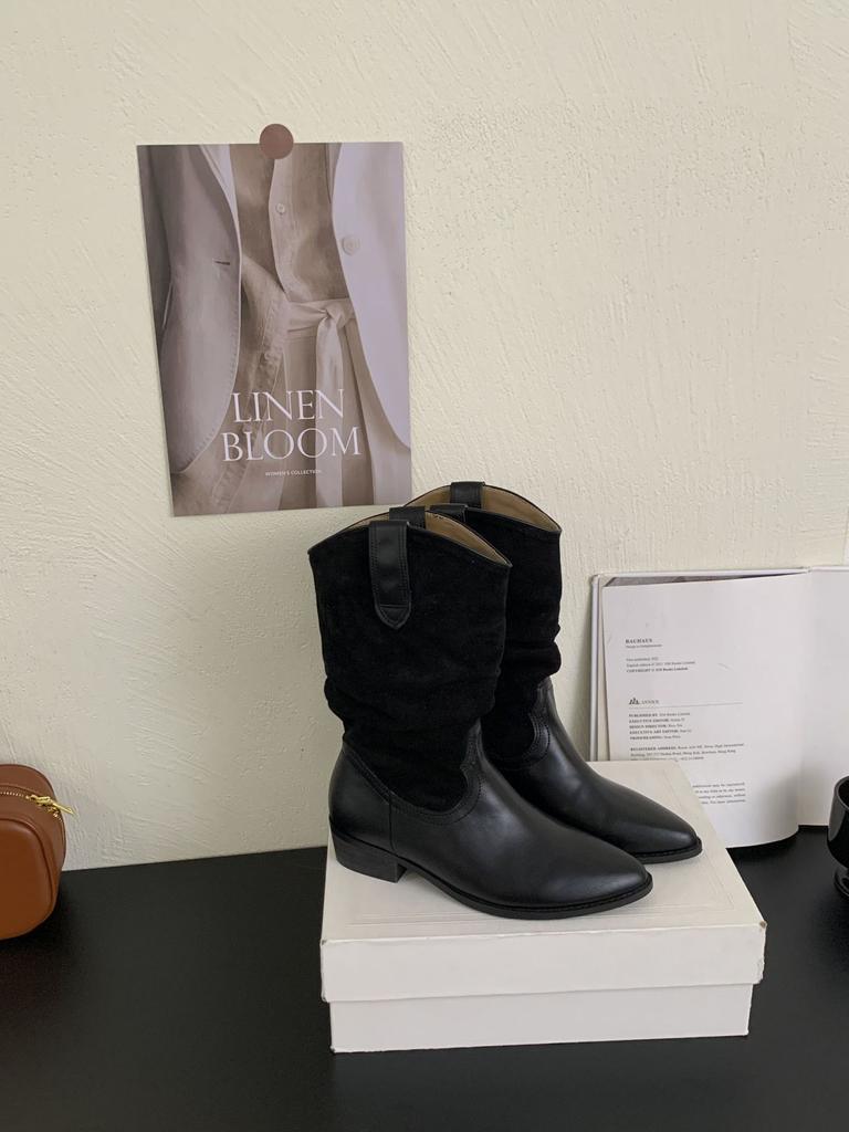 Thick heel pointed mid boots pleated stacked boots women's 2025 autumn and winter new retro thin boots short boots women's Martin boots