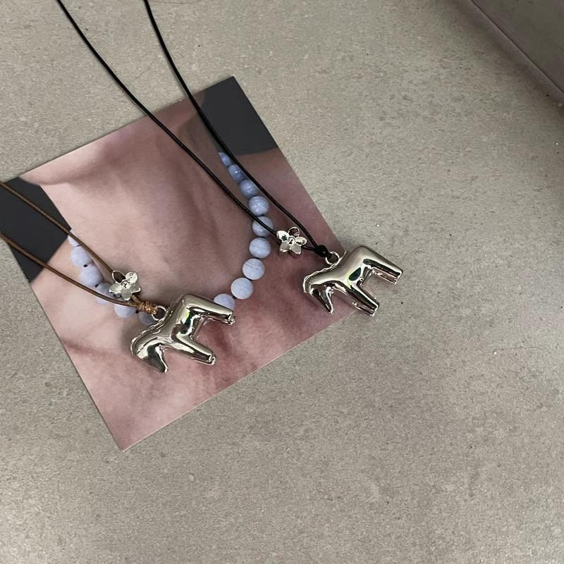 Funny Smooth Simple Metallic Cartoon Horse Flower Pendant Necklaces for Women Long Adjustable Wax Rope Chain Chokers Gifts