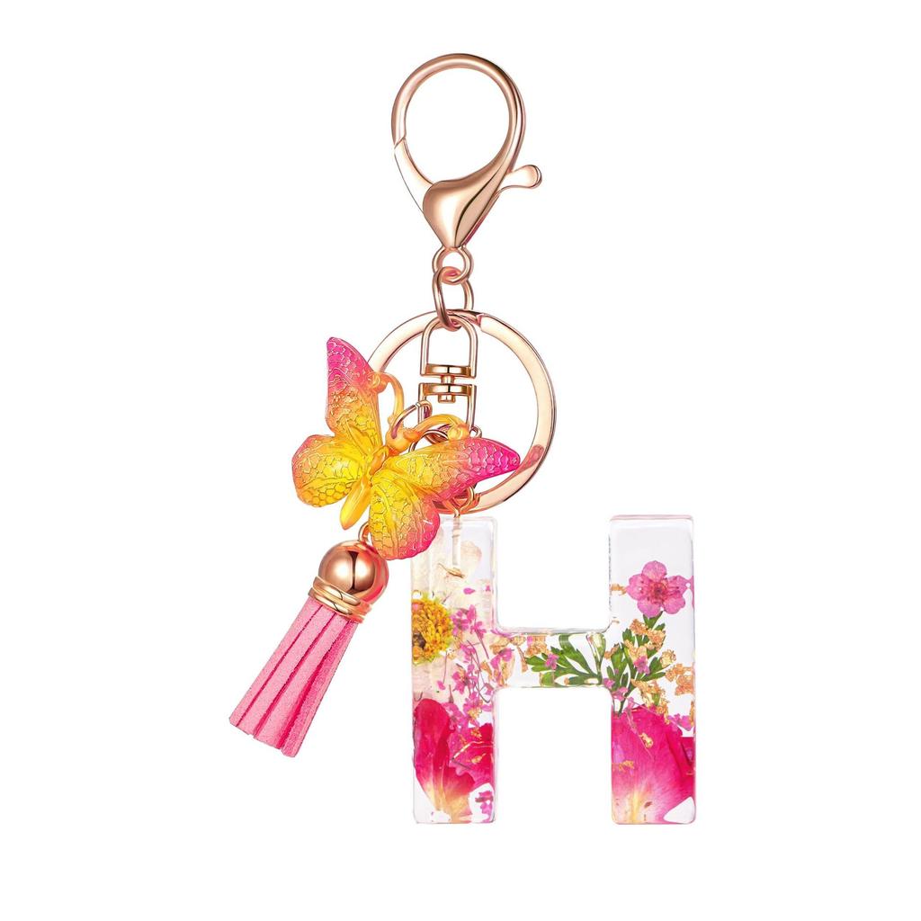 Flower Resin Keychain With Tassels And Butterfly Design 26 Letters Pendant Classic Retro Practical Durable Backpack Hanging Accessory