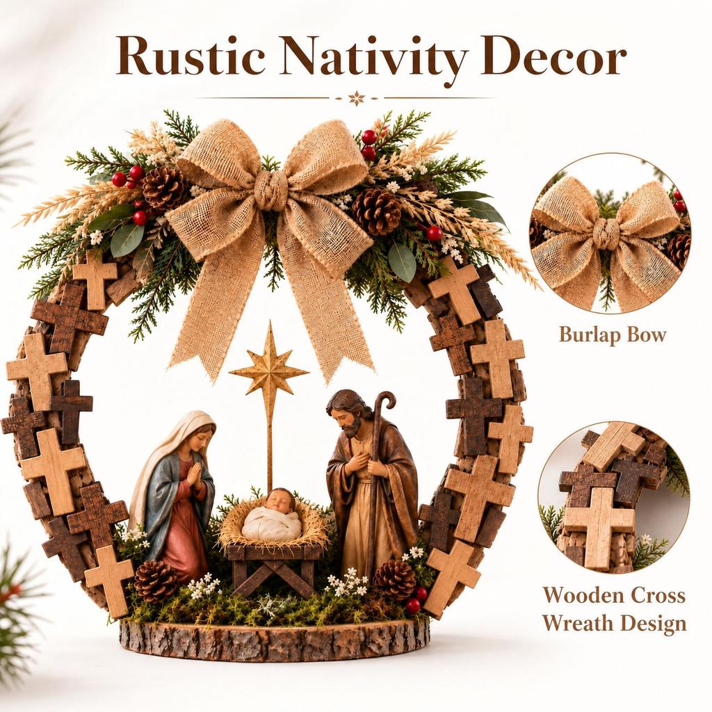 2D Flat Wooden Christmas Wreath Cross Ornament for Holiday Home Decor Display