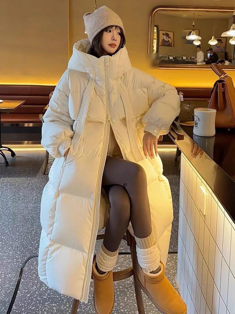 

Women s High-End Thickened Long Down Jacket with Ribbon Design M (recommended for 130-160 jin) белый