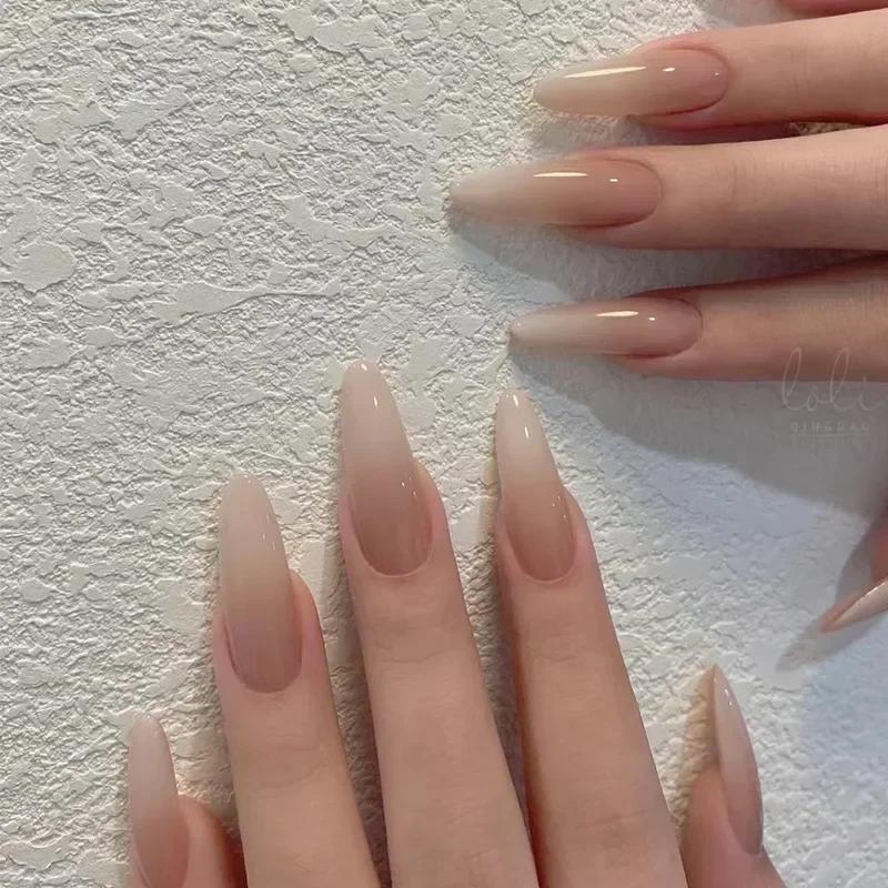 24Pcs French Almond False Nails Pink Stiletto Press On Nails With White Edge Design And Glue Simple Wearable Nail Tips