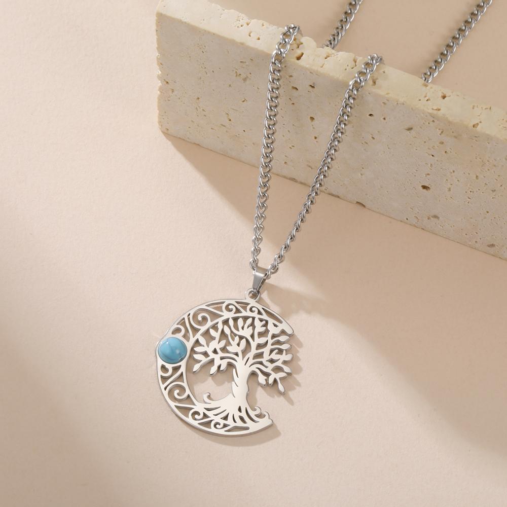 Dawapara Vintage Turquoise Crescent Moon Tree of Life Necklace Filigree Celtics Moon Wiccan Pendant Stainless Steel Jewelry