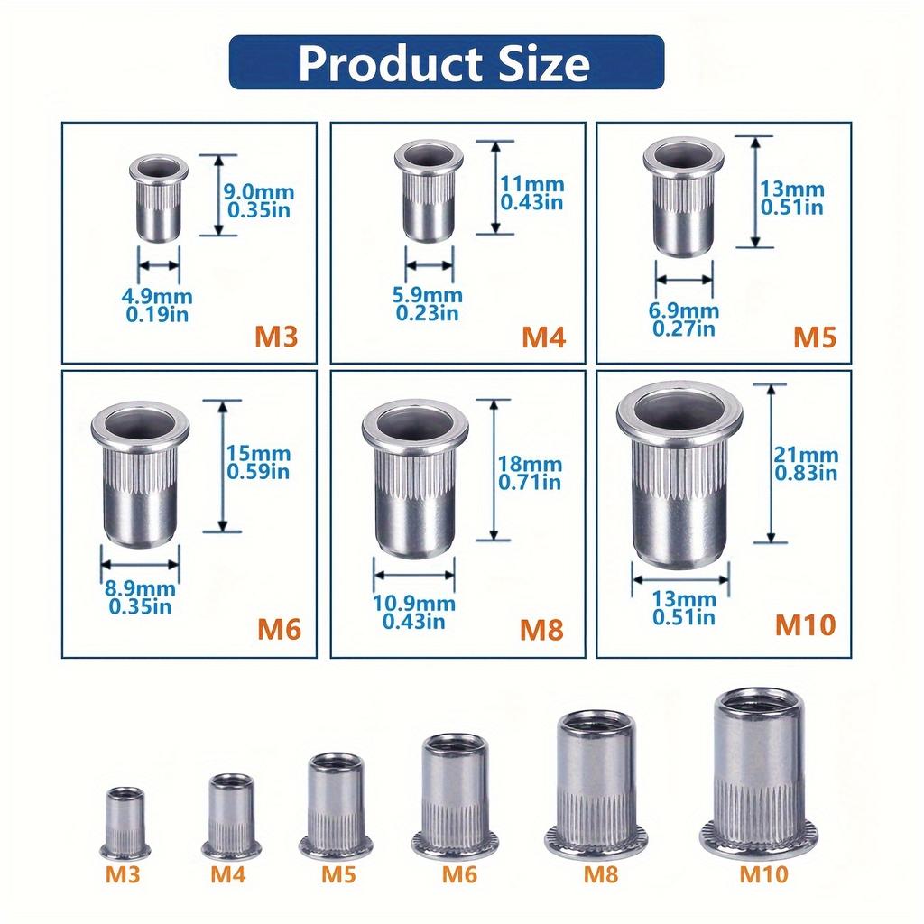 205pcs Aluminum Rivet Nut Set, Knurled Flat Head Threaded Insert Nuts, Right Hand Thread, Unthreaded, for Sheet Metal, Furniture, Automotive