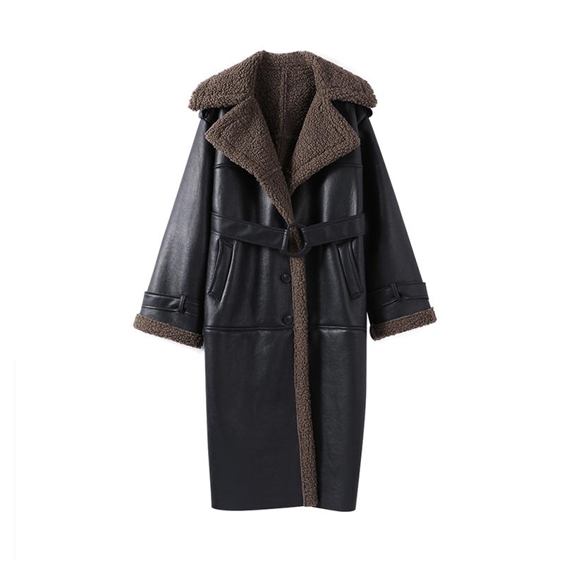 Women's Warm Thick Lapel Leather Jacket Winter Lamb Wool Long Sleeve Pocket Overcoat Single-breasted Street Trench Coats with Belt