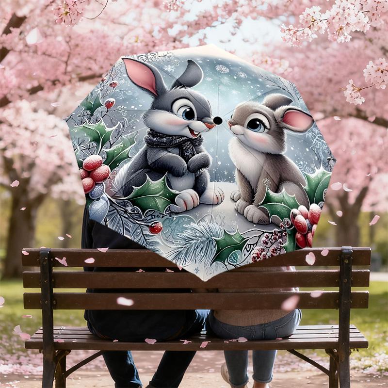 1PC Winter Rabbits Automatic Open/Close Umbrella with Windproof, 8-Rib Sturdy Canopy, Durable Ribs, Fashionable Design, Outdoor Accessory, Fun Prin, H