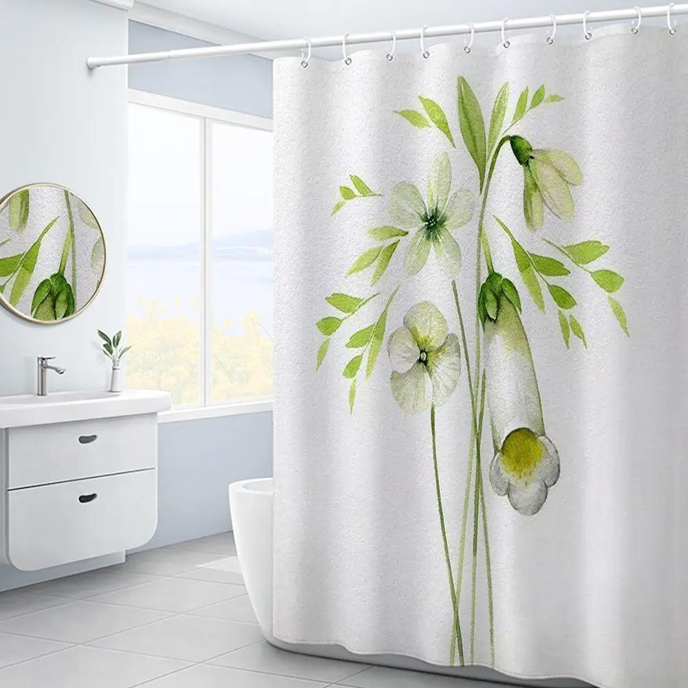 Purple Hydrangea Flower White Shower Curtain Landscape 3D Green Plant Waterproof Polyester Bathroom Curtains Bath Screen Decor