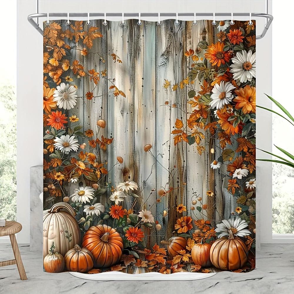 Shower Curtain: Rustic Autumn Design with Pumpkins, Flowers, and Wooden Background for a Cozy and Festive Bathroom Decor
