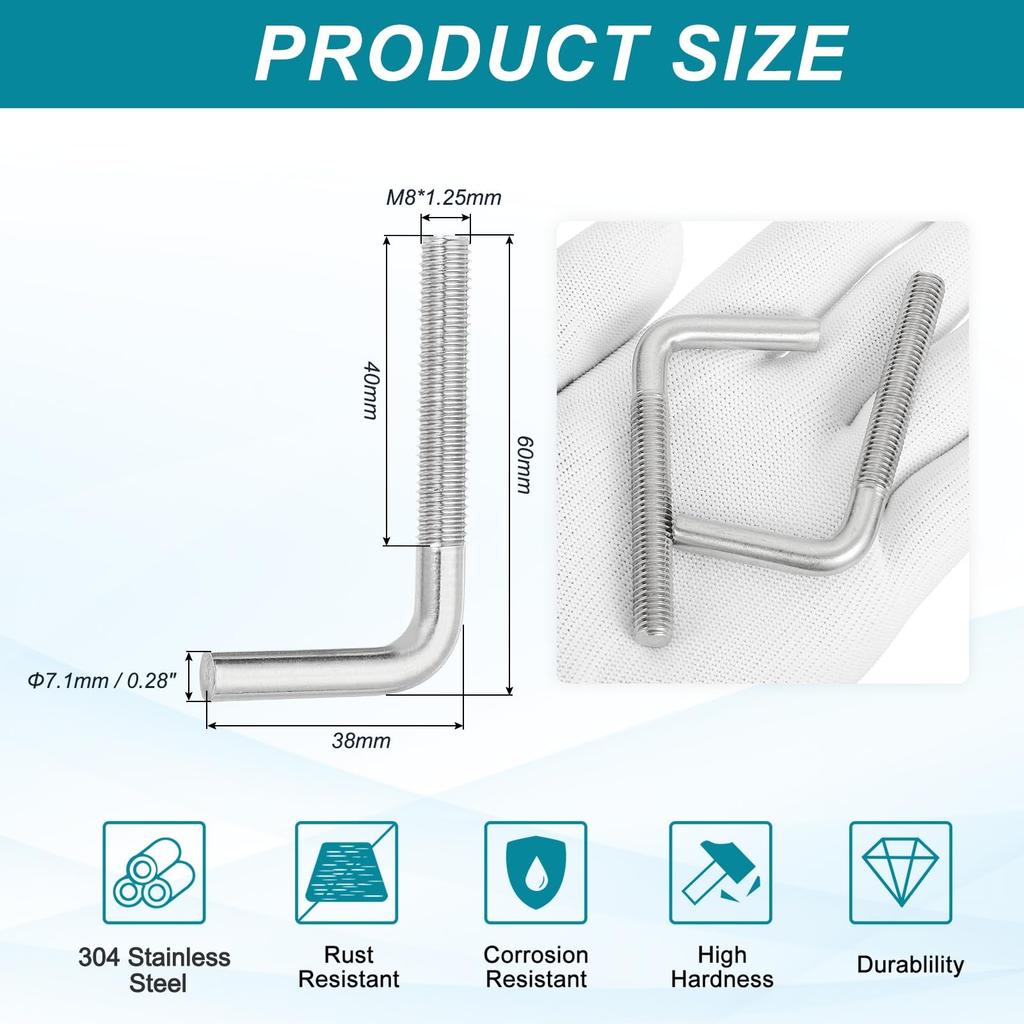 uxcell 10 piezas Pernos de Anclaje de Ángulo Recto de 9 Grados M8 x 60 mm Acero Inoxidable 304