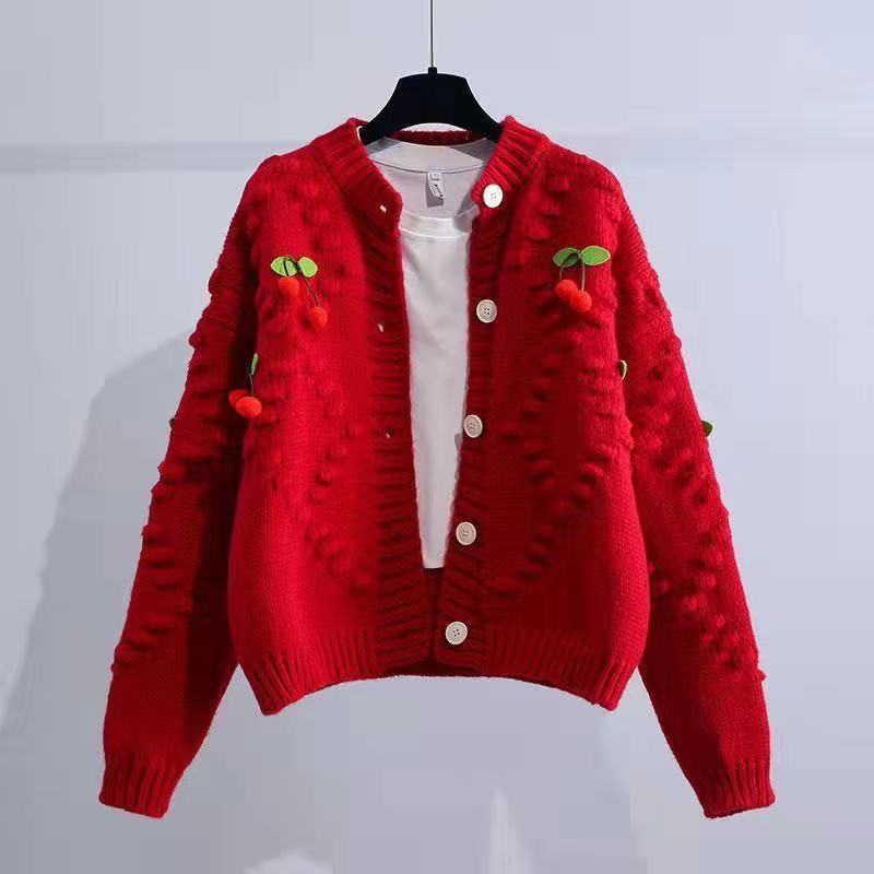 Design Sense Nische Kirschstrick-Cardigan für Damen, Frühling und Herbst, hochwertiger und einzigartiger, weicher, klebriger Pullover-Cardigan für Damen