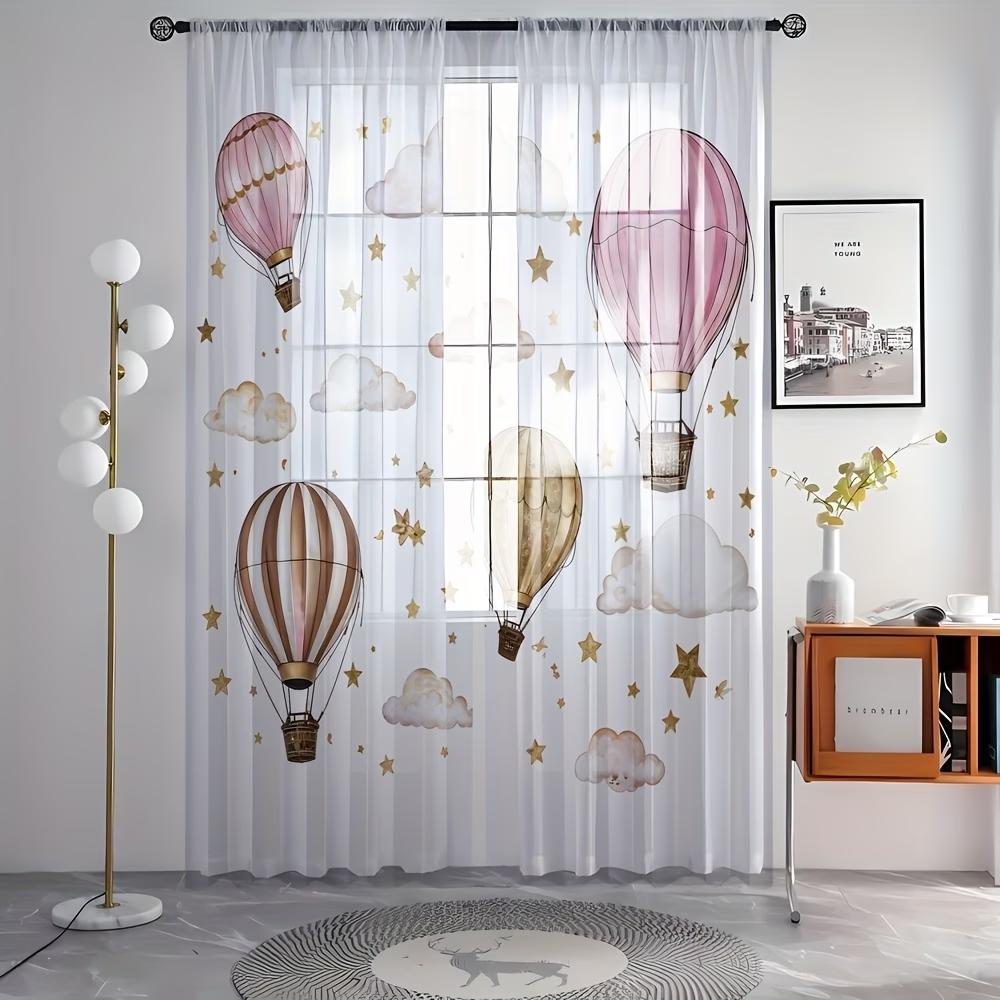 1Pc Pink Hot Air Balloon Sheer Curta - Dreamy Cloud & Star Print Window Drapes For Kids Bedroom Nursery Decor