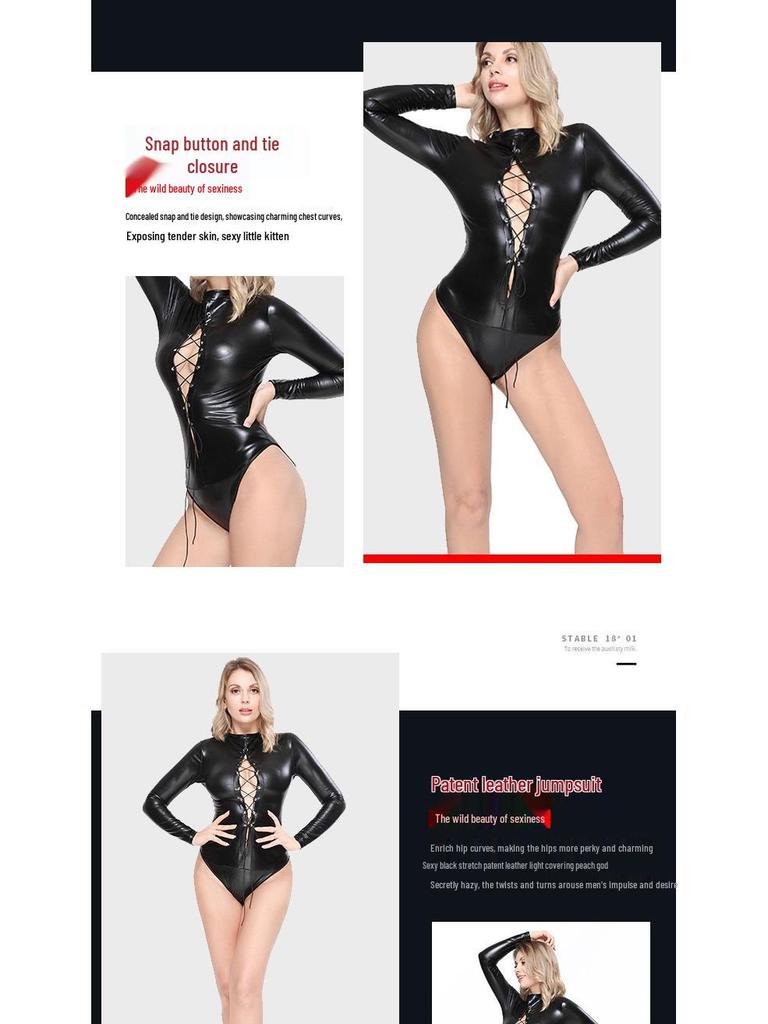 Women's Leather Lace-up Bodysuit: Zipper Crotch, Nightclub, Erotic Temptation Set