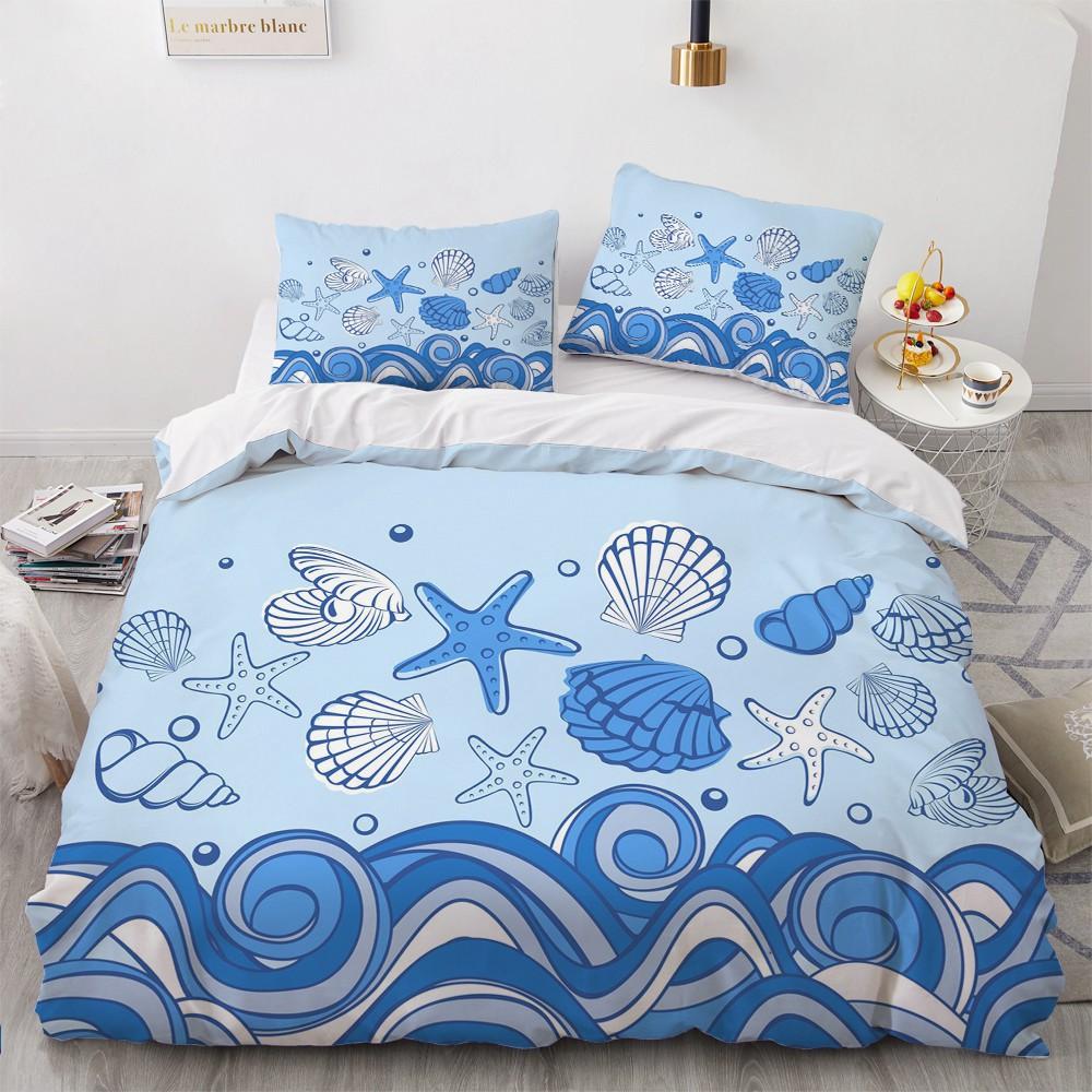Blue Ocean King Queen Duvet Cover Cartoon Starfish Shell Bedding Set For Kid Teens Adults Sea Beach 2/3pcs Polyester Quilt Cover