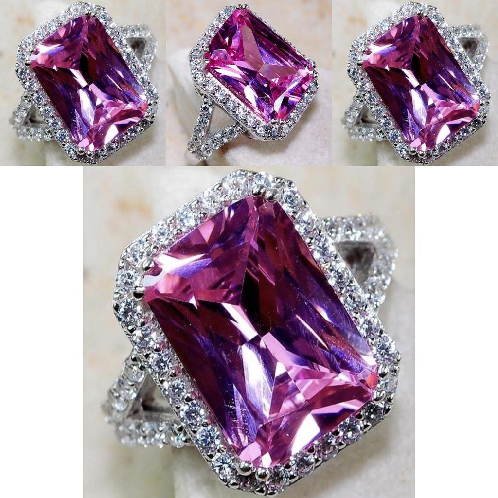 Elegant Pink Sapphire White Topaz Silver Plated Ring With Square Red Corundum