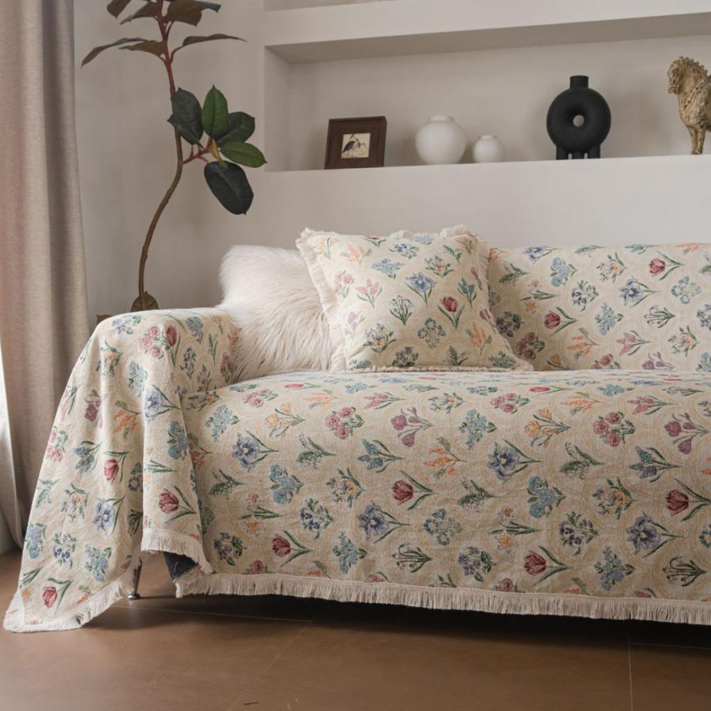 Sofa Handtuch Anti-Katzenkratzer Jacquard Verdickt Blaue Blume Fransen Dicke Sofa Decke