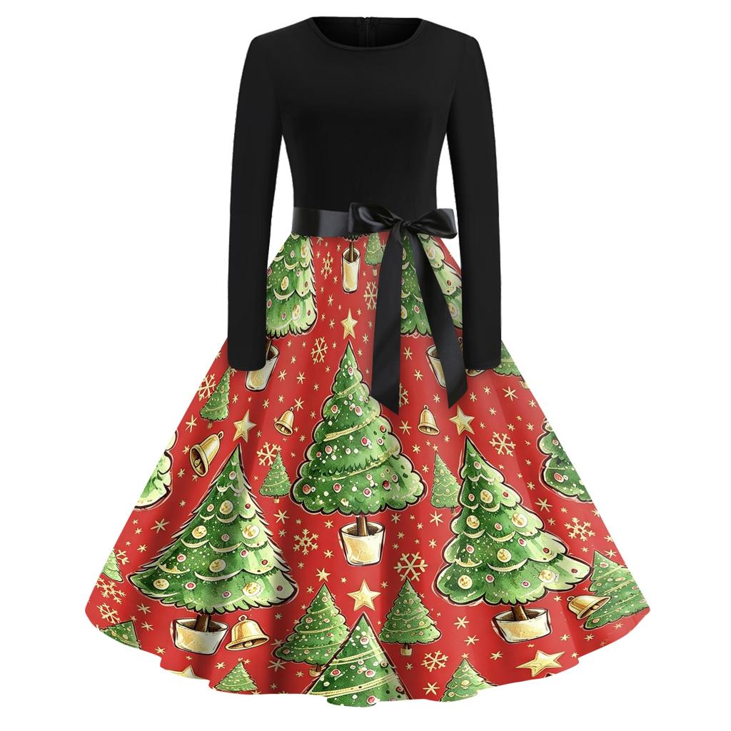 Women's Casual Vintage V-Neck Dress with Christmas Snowflake and Tree Print