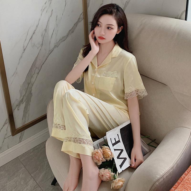 Summer Imitation Silk Pajamas Women'S Lace Edge Polka Dot Short-Sleeved Trousers Comfortable Loungewear Set