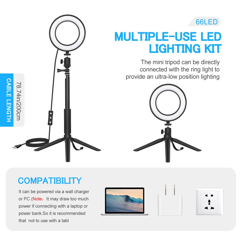 2Pack Desktop USB LED Video Lights Kit med 2 * Dimbar 6 Tommers LED Ring Light 5600K + 2 *