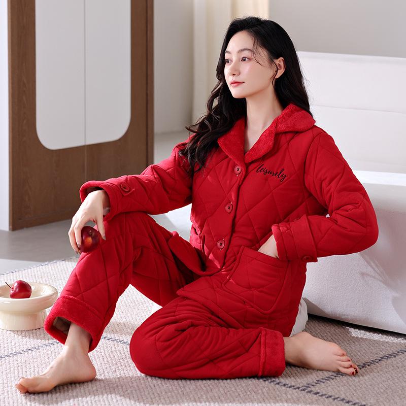 Pure Cotton Padded Pajamas Women'S Winter Three-Layer Thickened Velvet Autumn And Winter Warm Loungewear Set