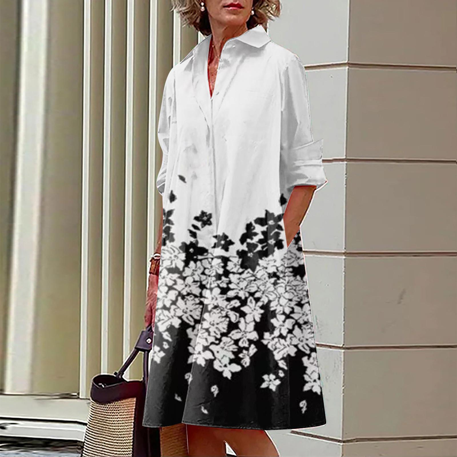 

Модное женское свободное повседневное платье с принтом, отложным воротником, длинными рукавами, карманами, длиной до колена S чёрный