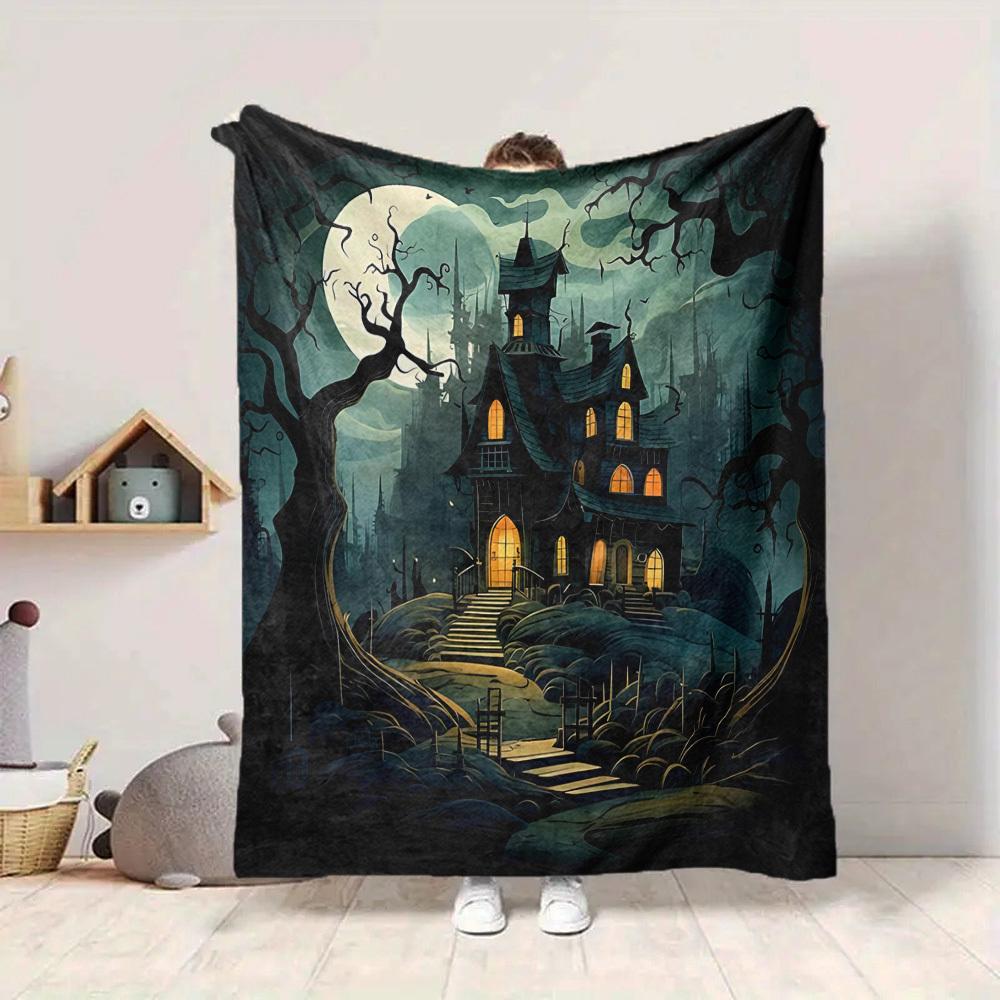 1pc Haunted House Moonlit Night Blanket, Lightweight Flannel Throw Blanket for Sofa, Bed, Travel, Camping, Living Room, Office, Couch, Chair, and Bed